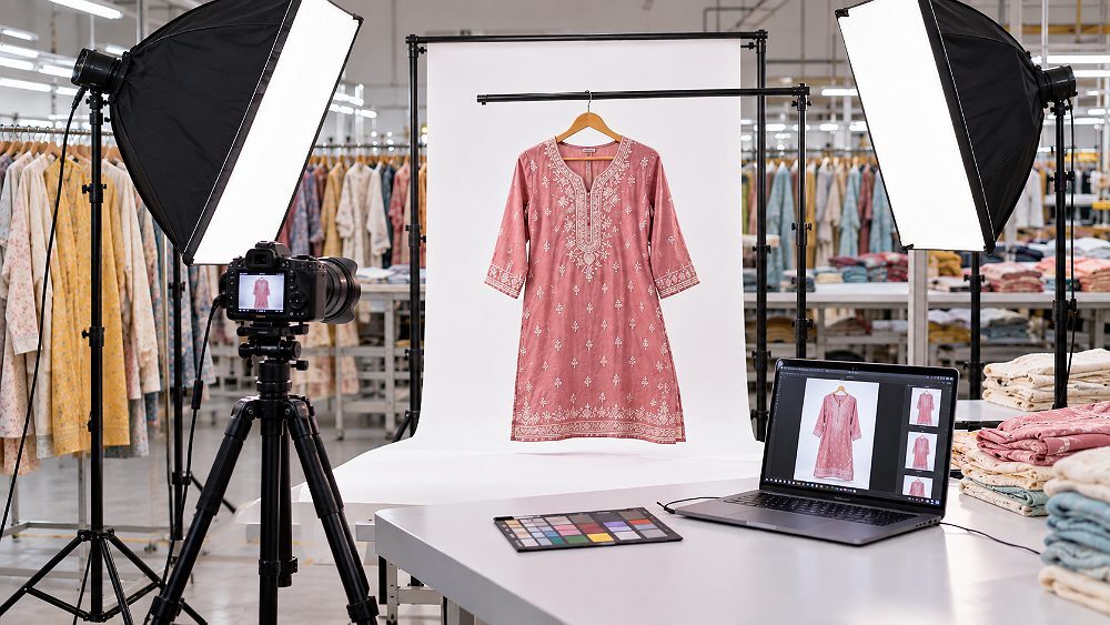 Behind the scenes of marketplace-ready fashion product documentation setup in an Indian standard ecommerce photography