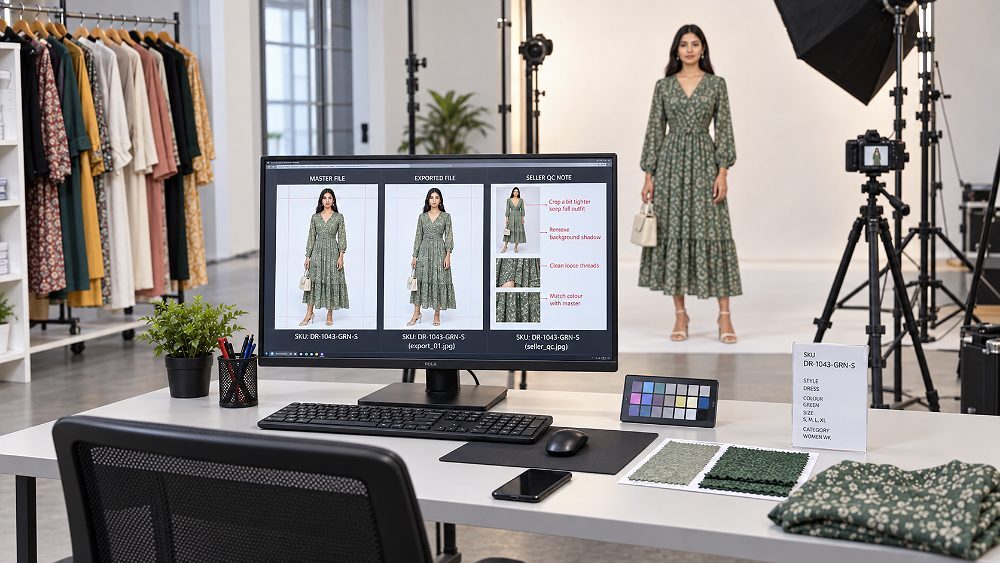 Behind the scenes of behind-the-scenes diagnostic review in an Indian standard ecommerce photography studio with an