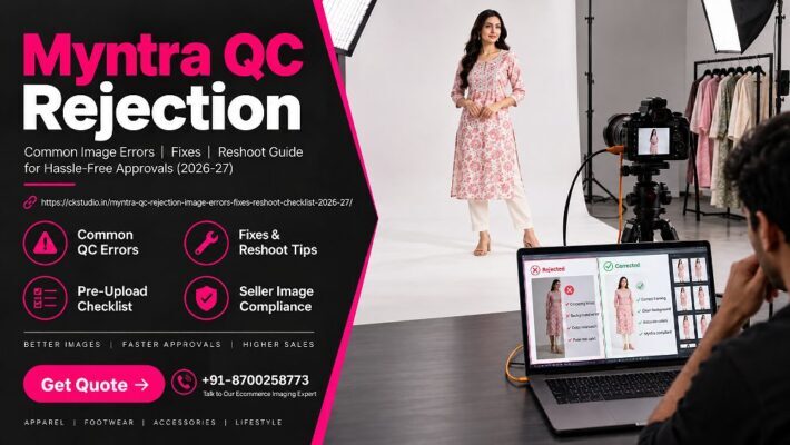 Myntra QC Rejection troubleshooting scene inside an Indian standard ecommerce photography studio showing a