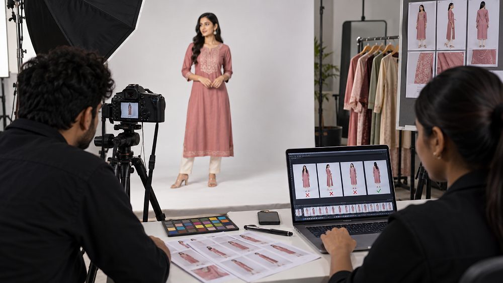 Behind the scenes of myntra QC Rejection troubleshooting scene inside an Indian standard ecommerce photography studio