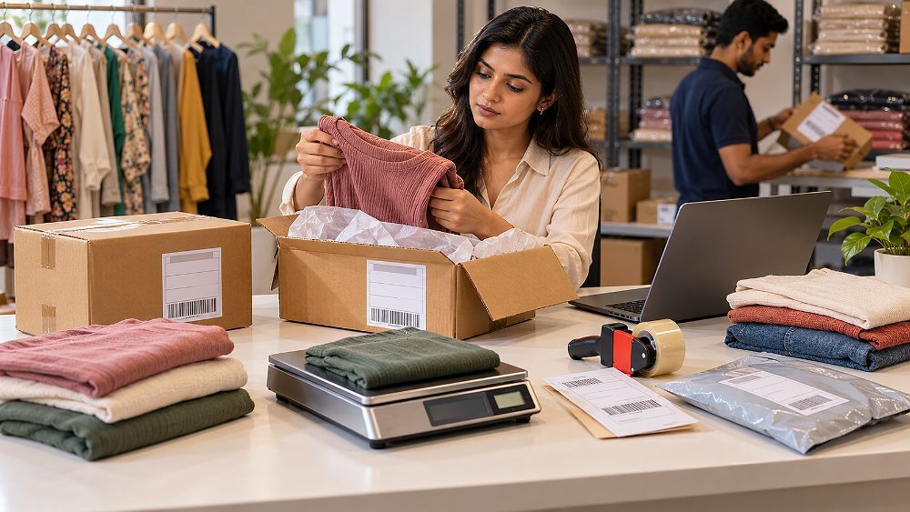 Behind the scenes of return-cost analysis scene inside an Indian standard ecommerce photography studio showing a generic