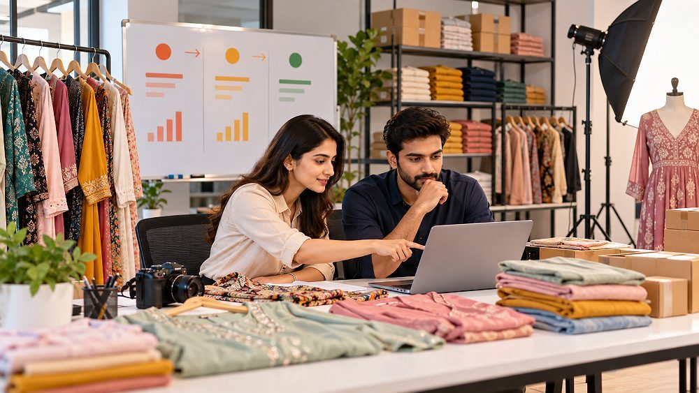 Behind the scenes of myntra scaling strategy visual inside an Indian standard ecommerce photography studio showing
