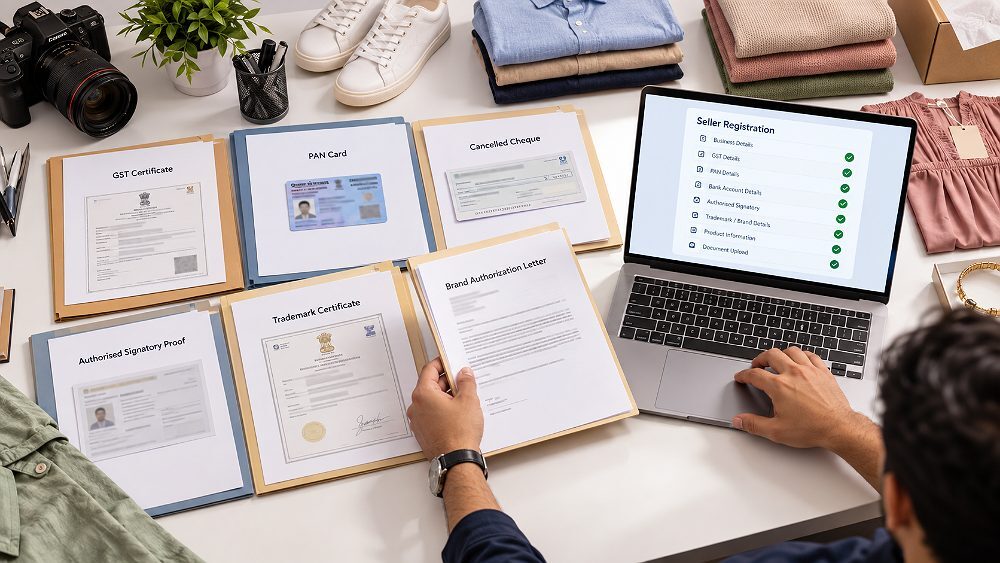 Behind the scenes of detailed document-preparation scene for Myntra seller documents inside an Indian standard ecommerce