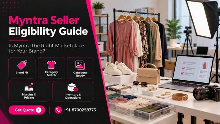 Myntra Seller Eligibility decision-guide scene inside an Indian standard ecommerce photography studio