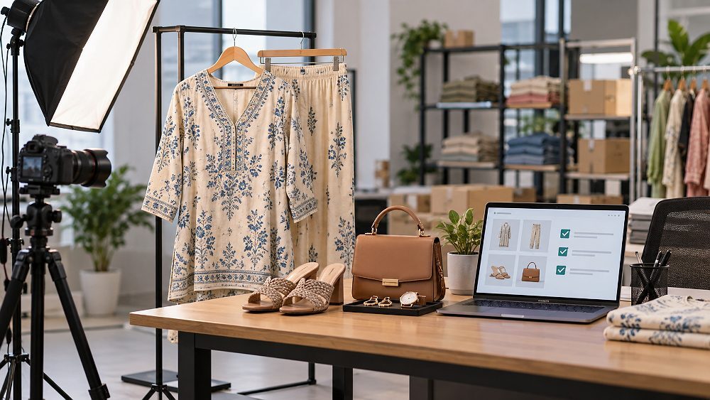 Behind the scenes of myntra Seller Eligibility decision-guide scene inside an Indian standard ecommerce photography studio