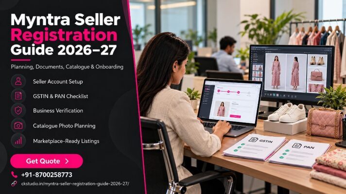 Myntra Seller Registration planning scene inside an Indian standard ecommerce photography studio showing a