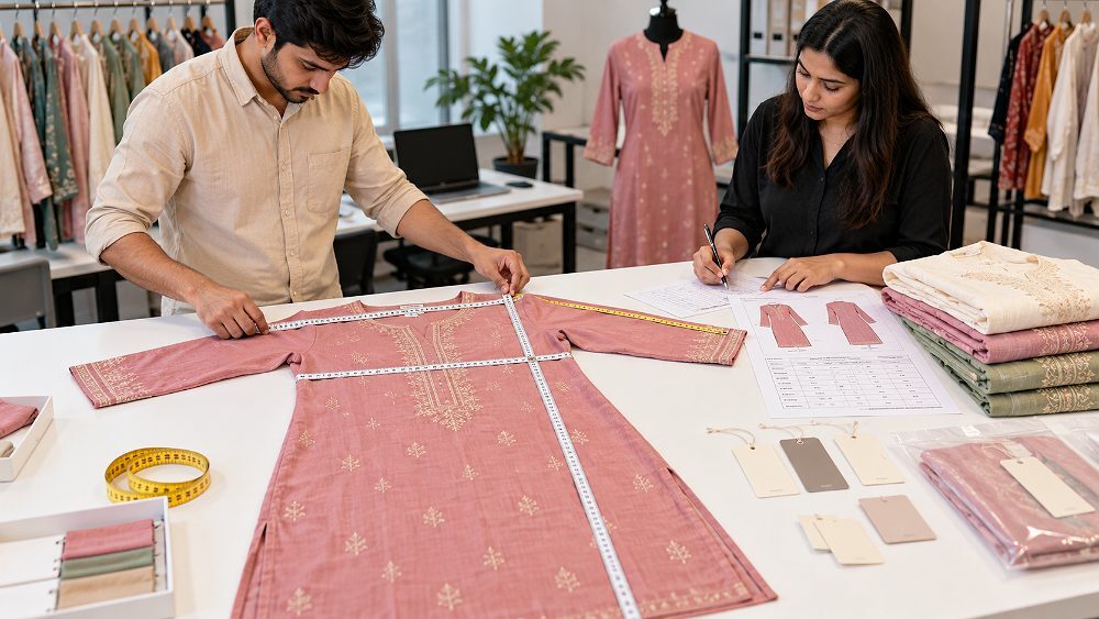 Behind the scenes of myntra size preparation scene inside an Indian standard ecommerce photography studio showing a