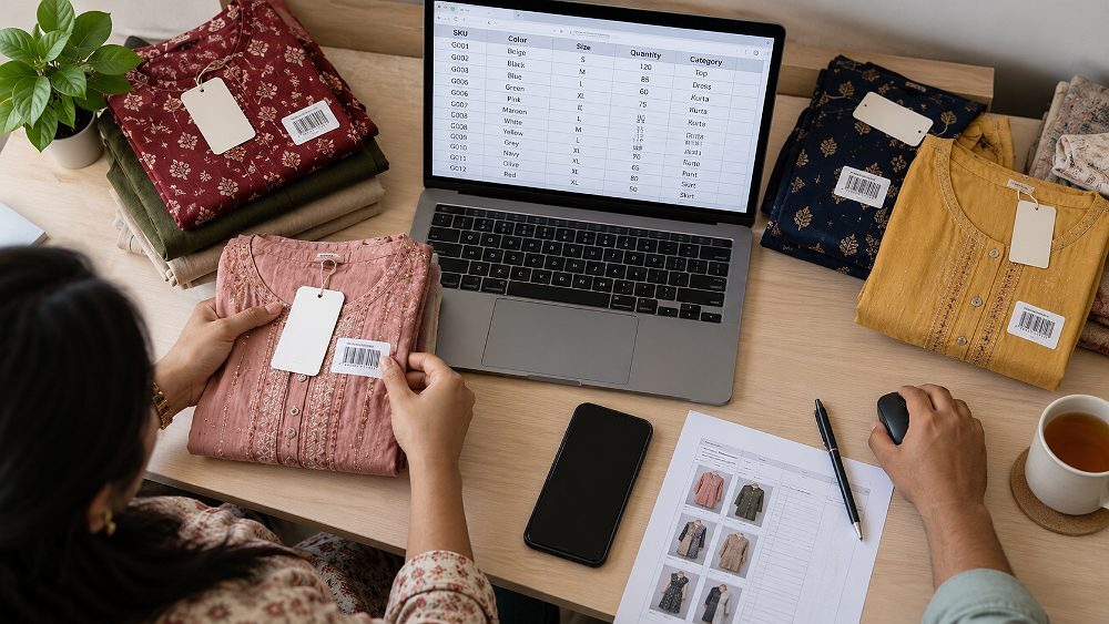 Behind the scenes of overhead Myntra SKU listing workflow scene in an Indian standard ecommerce photography studio with