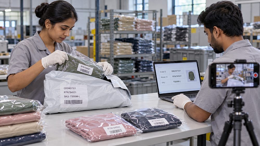 Behind the scenes of step-by-step Myntra return inspection workflow in an Indian standard ecommerce photography studio,