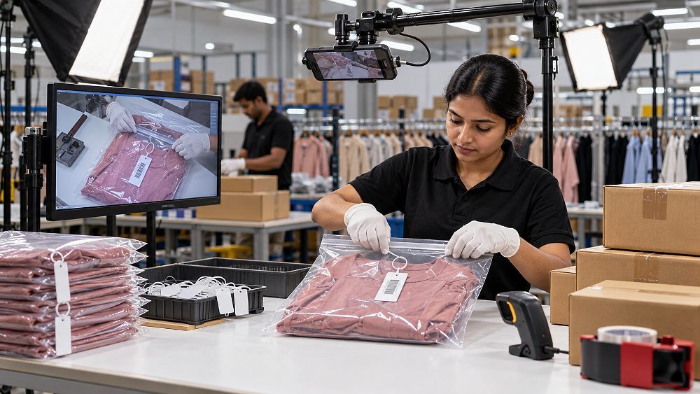 Behind the scenes of vMS and Tag Loop evidence workflow inside an Indian standard ecommerce photography studio, showing a