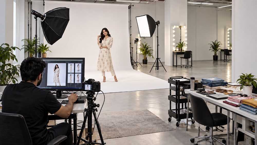 Behind the scenes of photorealistic wide-angle view of a professional high-volume apparel ecommerce photography studio in