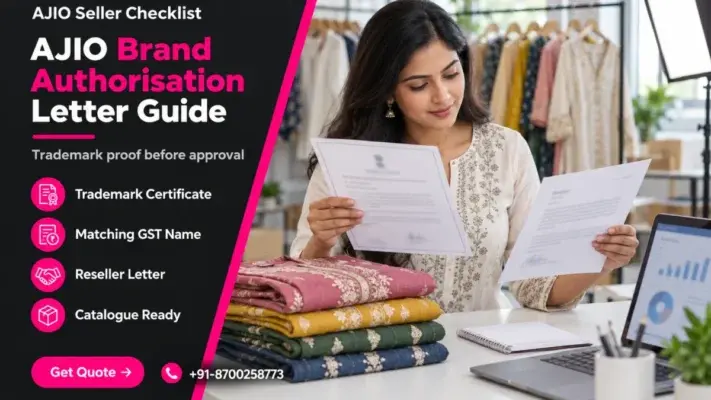 Split featured banner for an ajio brand authorisation letter checklist with a dark left panel headline AJIO Brand Authorisation Letter Guide, four feature labels for trademark certificate, matching GST name, reseller letter and catalogue readiness, a pink Get Quote button and phone number, and a right-side photo of an Indian fashion brand owner checking a trademark certificate beside folded kurtas