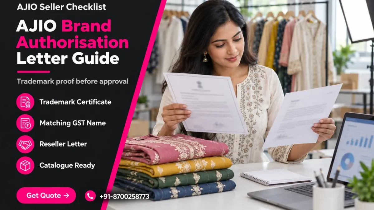 Split featured banner for an ajio brand authorisation letter checklist with a dark left panel headline AJIO Brand Authorisation Letter Guide, four feature labels for trademark certificate, matching GST name, reseller letter and catalogue readiness, a pink Get Quote button and phone number, and a right-side photo of an Indian fashion brand owner checking a trademark certificate beside folded kurtas