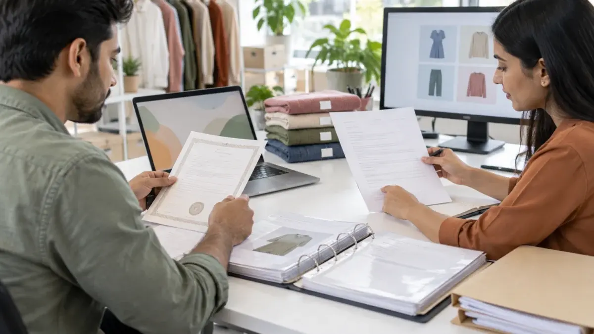 Behind-the-scenes office scene of an Indian ecommerce catalogue team preparing brand approval paperwork for a fashion marketplace listing, two team members at a tidy white desk comparing a printed certificate and a signed letter on letterhead with blank unreadable lines against a laptop showing soft abstract blocks, a ring binder of supplier documents, a GST paper folder, a stack of folded garments with blank woven labels and a monitor with a soft abstract product grid in the background, modern daylight office with plants, realistic hands and faces, calm focused mood, no logos, no readable text, no signage
