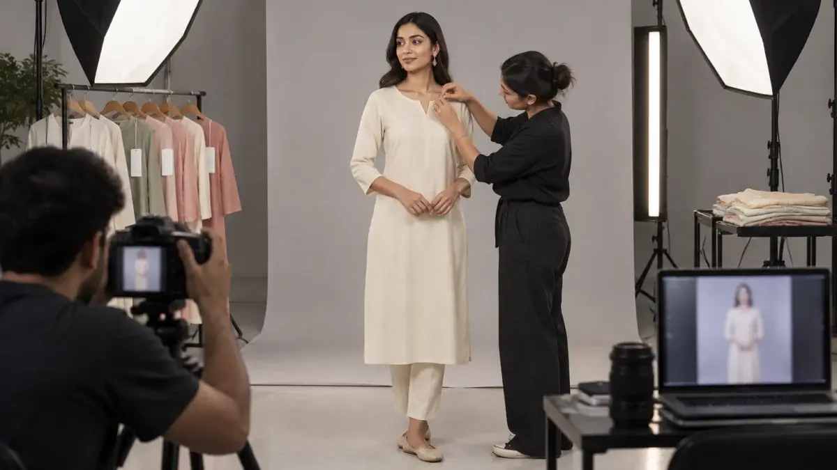 Behind-the-scenes fashion catalogue shoot inside an Indian Standard Ecommerce Photography Studio where an Indian photographer shoots a plain cream cotton kurta on a female model against a light grey seamless backdrop for an AJIO-style 1:1.25 portrait catalogue frame, two large octaboxes at 45 degrees and a strip light for rim separation, mirrorless camera on a tripod tethered to a laptop showing a soft abstract preview, a stylist checking the neckline seam where the garment brand label would sit, a rail of steamed kurtas tagged with blank swing tags waiting by style, neutral colour balance, clean realistic working atmosphere, no logos, no visible brand names, no text
