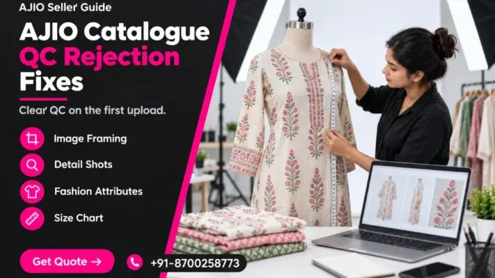 Split featured banner on ajio catalogue qc rejection fixes with a dark left panel listing image framing, detail shots, fashion attributes and size chart, and a right-side photo of a catalogue team member checking a steamed printed kurta with a measuring tape beside softboxes
