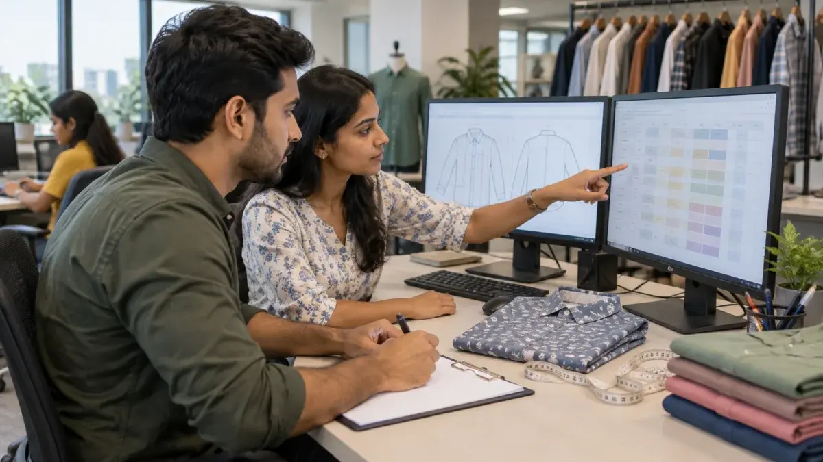 Office behind-the-scenes scene of an Indian ecommerce catalogue team at a tidy modern workspace, two catalogue executives at large monitors comparing a garment flat measurement sheet with a folded printed shirt and a measuring tape on the desk, one pointing at a spreadsheet-like grid of soft abstract coloured blocks on screen, a QC checklist clipboard with blank pages, a rack of sample garments in the background, soft daylight from windows mixed with overhead panel lights, calm focused mood, illustrating how sellers audit attributes and size charts before re-uploading a rejected catalogue file, no readable text, no logos, no signage, no watermark.