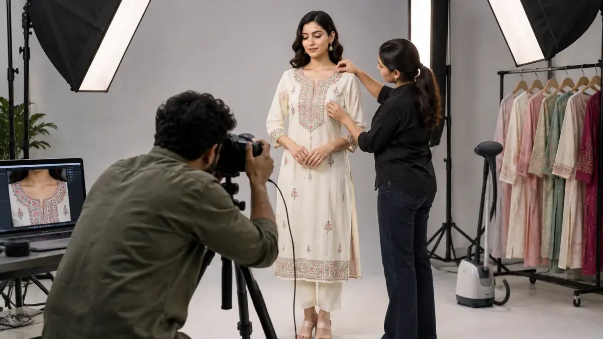 Behind-the-scenes fashion catalogue shoot inside an Indian Standard Ecommerce Photography Studio, showing a photographer capturing a close-up detail frame of an embroidered cotton kurta neckline worn by an Indian female model standing against a light grey seamless backdrop, a mirrorless camera with a macro lens on a tripod tethered to a laptop, two large softboxes at 45 degrees and a strip light for fabric texture, a stylist smoothing the yoke with a handheld steamer nearby, a rack of steamed kurtas waiting to be shot, neutral colour balance, realistic shadows, clean professional working atmosphere, supporting the section on missing detail shots in AJIO catalogue QC rejection, no logos, no text, no watermark.