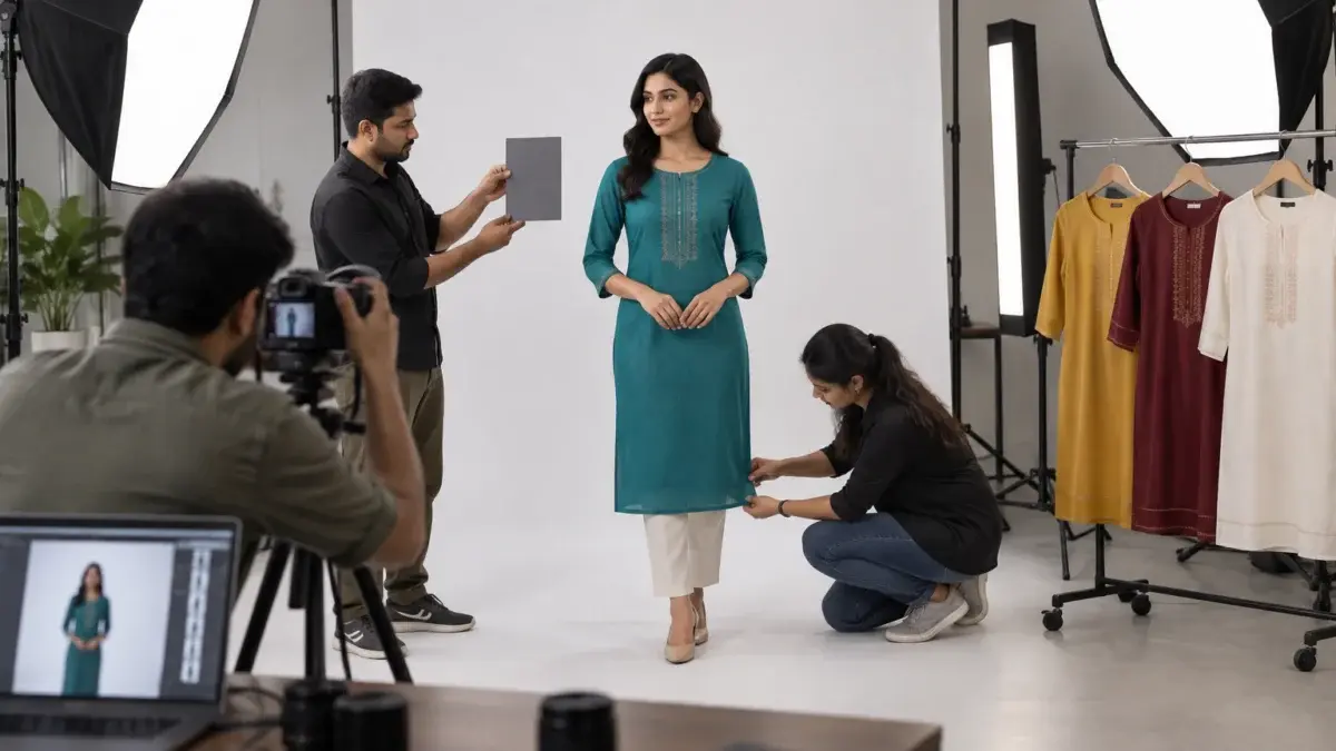 Behind-the-scenes ecommerce apparel photoshoot inside an Indian Standard Ecommerce Photography Studio, where an Indian female model in a teal straight kurta stands on a white seamless backdrop while the photographer shoots from a mirrorless camera on a tripod tethered to a laptop, a stylist checks the hem and a photography assistant holds a grey colour-check card beside the garment, three more colourways of the same kurta (mustard, maroon, ivory) hang steamed and ready on a rolling rail, two large octaboxes and a strip light give soft even light, neutral colour balance, realistic shadows, calm working atmosphere, showing how every colour variant of one style is shot in identical light so variant images match, no text, no logos, no watermark