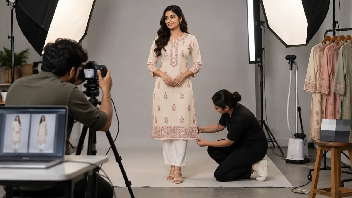 Behind-the-scenes fashion catalogue photoshoot inside an Indian Standard Ecommerce Photography Studio where one embroidered cotton kurta style is being shot twice for two different marketplace galleries: an Indian female model in the kurta stands on a light grey seamless backdrop while an Indian photographer frames a tall portrait shot on a mirrorless camera mounted on a tripod, tethered to a laptop that shows two portrait crops side by side as soft abstract shapes. A stylist kneels to straighten the kurta hem, a garment steamer and a rail of pressed kurtas in matching colourways wait at the side, two large octabox softboxes light the model from 45 degrees with a strip light giving a soft rim, a grey colour-check card rests on a stool, clean organised cables, neutral colour balance, natural working atmosphere, realistic proportions, premium commercial catalogue aesthetic, no logos, no studio branding, no watermark, no text.