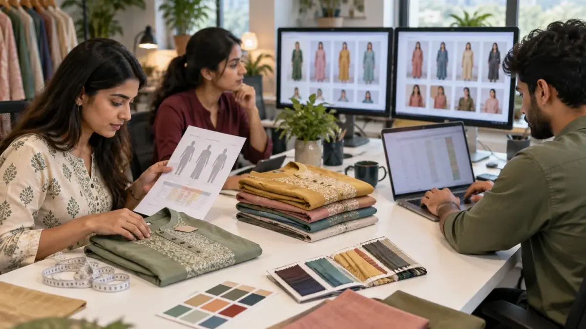 Behind-the-scenes office scene of an Indian ecommerce catalogue team preparing a new fashion brand launch for two online marketplaces: three Indian catalogue executives at a tidy white desk with two large calibrated monitors showing portrait-format apparel thumbnails as soft abstract shapes, one person comparing a printed size chart against a folded kurta and a measuring tape, another checking a laptop spreadsheet shown only as abstract coloured blocks, a stack of steamed garments with swing tags turned away, a colour swatch book and a pantone-style fabric card on the desk, soft daylight from large windows mixed with warm desk lamps, modern minimal office with plants, focused calm atmosphere, realistic hands and faces, neutral colour balance, no logos, no signage, no watermark, no readable text.