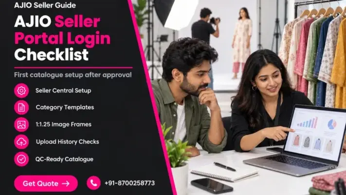 Split blog banner for an AJIO seller portal login and first catalogue setup checklist: dark left panel with the headline AJIO Seller Portal Login Checklist, five pink feature rows for Seller Central setup, category templates, 1:1.25 image frames, upload history checks and a QC-ready catalogue, a Get Quote button and phone number; right side shows an Indian founder and catalogue executive reviewing a laptop dashboard beside a rail of steamed kurtas with a softbox studio blurred behind