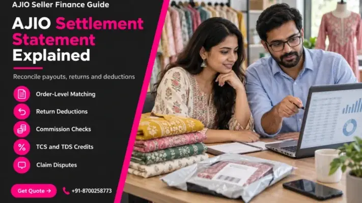 Featured banner for an ajio settlement statement guide with a dark left panel reading AJIO Settlement Statement Explained in white and hot pink, five pink icon rows for order-level matching, return deductions, commission checks, TCS and TDS credits and claim disputes, a Get Quote button and phone number, beside a bright photo of an Indian brand founder and finance executive reviewing a payout spreadsheet next to folded kurtas and a returned apparel parcel