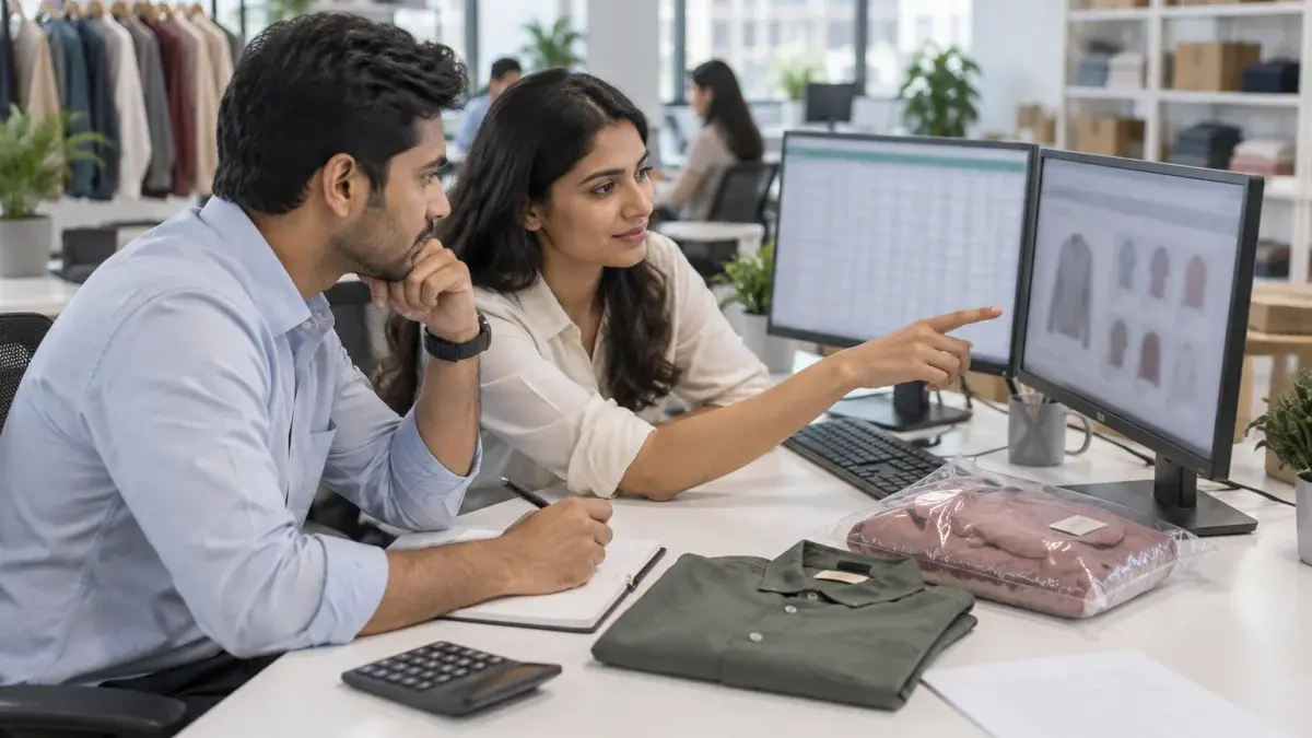 Behind-the-scenes office scene in a clean modern Indian ecommerce catalogue and seller-operations office, where a young Indian finance executive and a catalogue manager sit side by side at a white desk comparing a payout reconciliation spreadsheet on one monitor with apparel product images on a second monitor, a returned garment in a clear poly bag and a folded shirt on the desk next to a printed sheet turned face down, a calculator and a notebook, soft daylight from large windows, a garment rack and shelving softly blurred behind, both people focused and collaborative, realistic hands and faces, neutral colours, tidy professional workspace, screens show only soft abstract grids and blurred thumbnails, illustrating order-level reconciliation of marketplace payouts against returns.