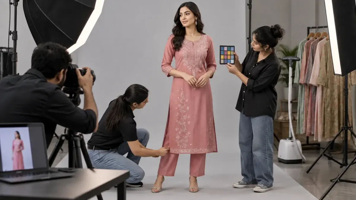 Behind-the-scenes ecommerce fashion catalogue photography scene inside an Indian Standard Ecommerce Photography Studio, showing an Indian commercial photographer shooting a returned-then-reshot dusty rose embroidered kurta on a female model against a light grey seamless backdrop in a tall portrait framing suited to a marketplace apparel gallery, a large octabox as key light at 45 degrees, a strip softbox as rim light, a mirrorless camera on a tripod tethered to a laptop showing the kurta frame, a stylist smoothing the hem while an assistant holds a colour-check card near the fabric to lock true colour, a garment steamer and a rack of tagged styles in the soft background, neutral colour balance, realistic shadows, calm professional working atmosphere, illustrating how accurate colour and fit images reduce return deductions on a settlement statement.