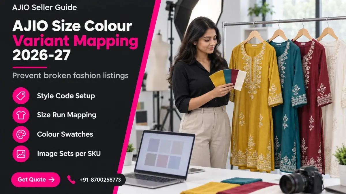 AJIO size colour variant mapping 2026-27 featured banner with a dark charcoal left panel showing the headline, four feature labels, a Get Quote button and phone number, and a right-side photo of an Indian catalogue executive matching fabric swatches to one kurta style hanging in four colourways on a studio rail