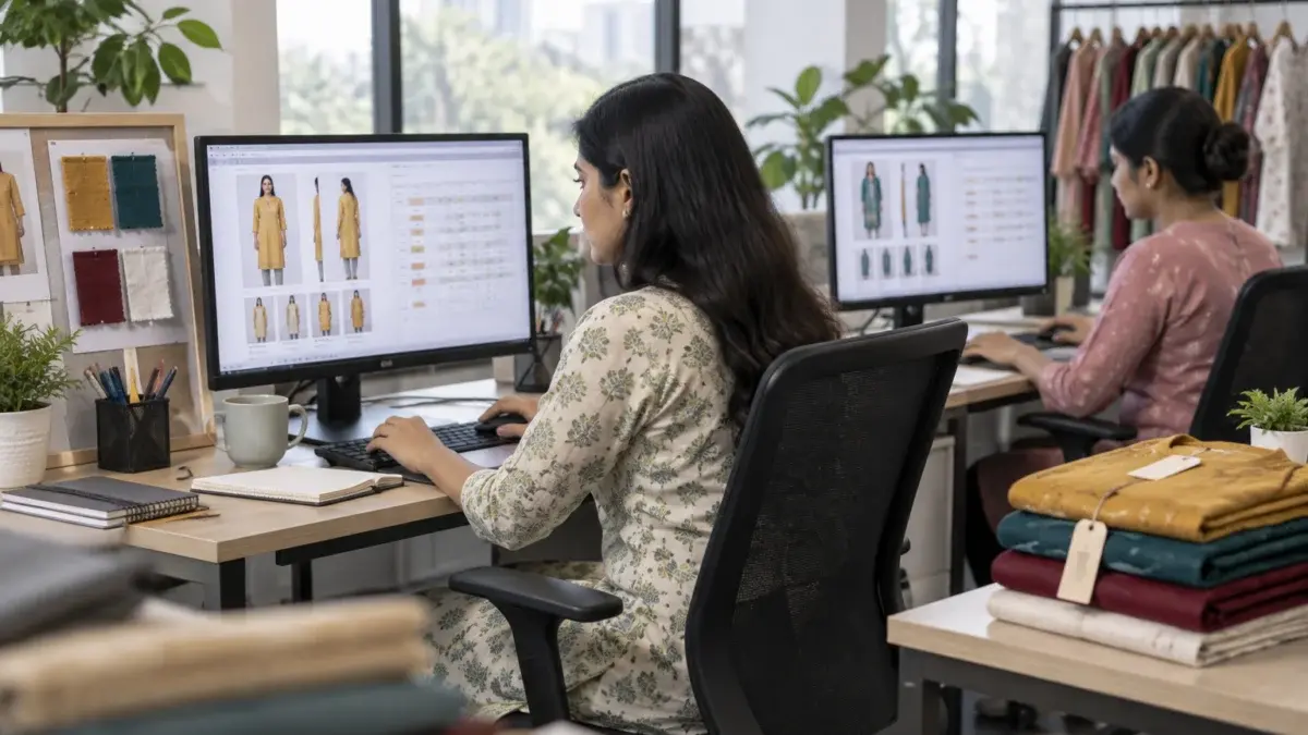 Behind-the-scenes office scene in a clean modern Indian ecommerce catalogue team workspace, two catalogue executives at large monitors cross-checking garment photo thumbnails against a spreadsheet-like grid of style codes and size rows shown only as soft abstract blocks, a printed swatch board with small fabric squares in mustard, teal, maroon and ivory pinned beside the desk, folded kurtas with hang tags stacked in size order on a side table, soft daylight from windows, tidy desks, focused calm mood, illustrating variant mapping quality control before a marketplace upload, no readable text, no logos, no signage, no watermark