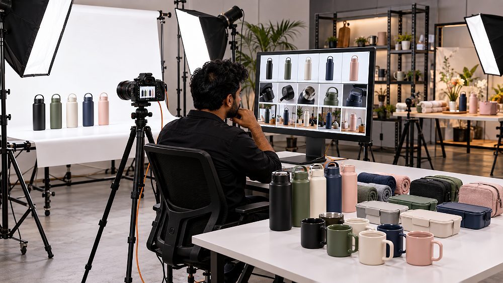 Behind the scenes of multi-SKU Amazon A+ photography quality-control scene in an Indian standard ecommerce photography