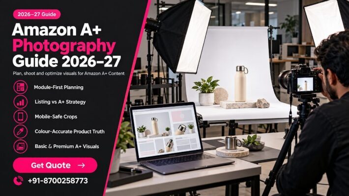 Amazon A+ photography planning scene inside an Indian standard ecommerce photography studio showing a