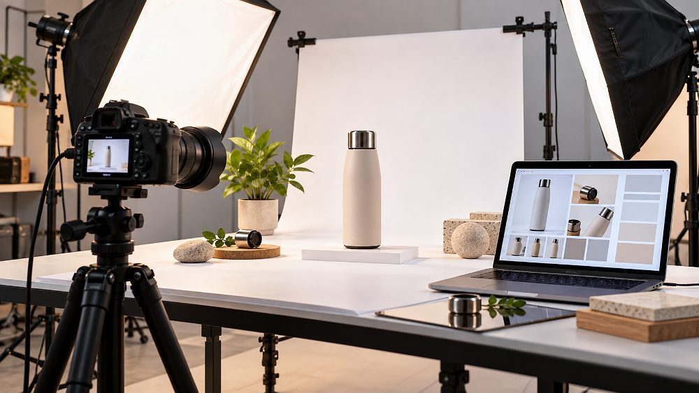 Behind the scenes of amazon A+ photography planning scene inside an Indian standard ecommerce photography studio showing a