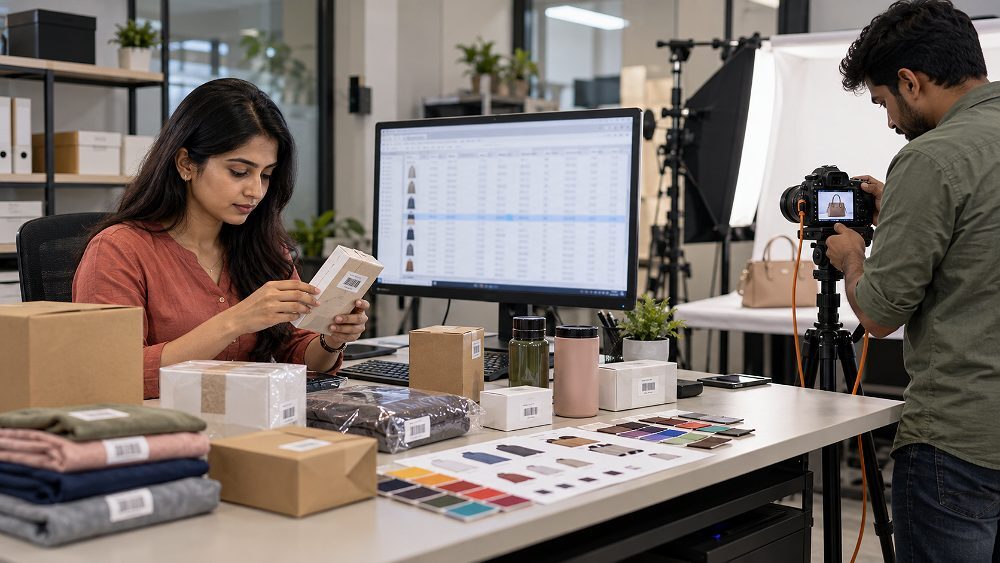 Amazon ASIN listing and product data master preparation scene inside an Indian standard ecommerce photography studio, showing a catalogue manager reviewing generic packaged products, SKU labels without brand names, colour and size variation swatches, a spreadsheet-like screen with intentionally unreadable fields, and a photographer checking a tethered camera setup; eye-level editorial composition, soft diffused lighting, organised ecommerce production environment, realistic hands, accurate product proportions, no visible brand logos, no location text and no watermark.