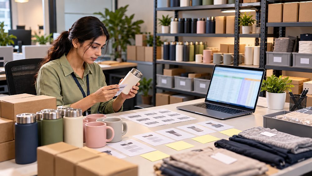 Amazon inventory file template and bulk product upload planning scene inside an Indian standard ecommerce photography studio, with rows of generic ecommerce products grouped by SKU on clean shelving, a laptop showing a blurred spreadsheet structure, printed barcode reference cards, variation grouping notes and a production assistant cross-checking product attributes; three-quarter commercial angle, soft overhead and side lighting, crisp realistic detail, professional catalogue management mood, no readable private data, no logos, no location text and no watermark.