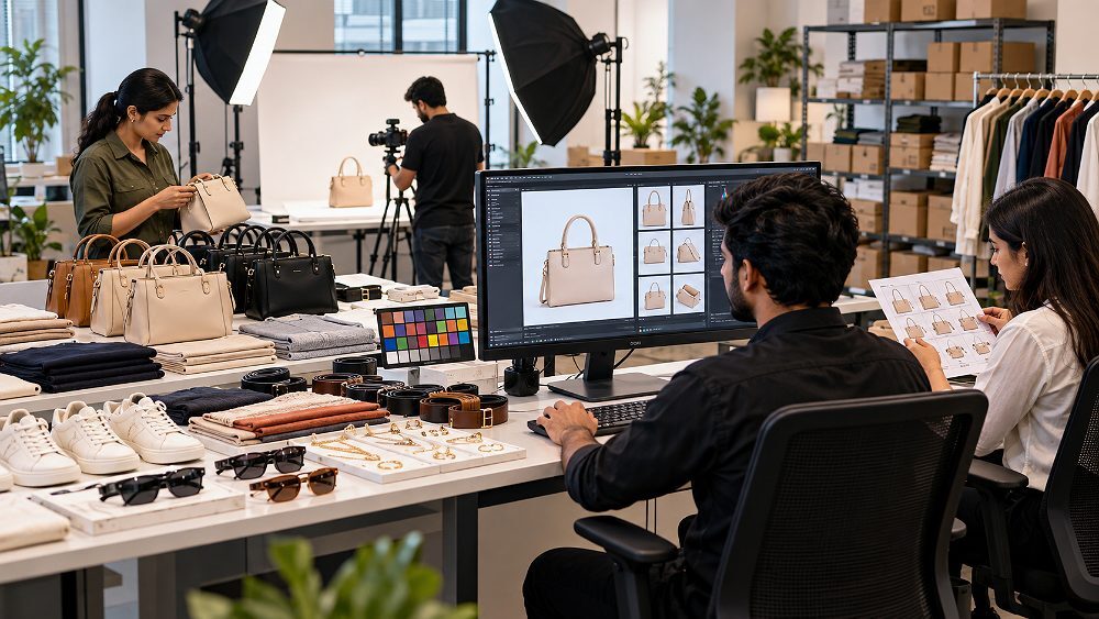 Behind the scenes of bulk SKU Amazon listing quality control scene in an Indian standard ecommerce photography studio