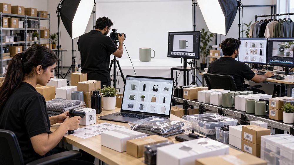 Amazon catalogue listing workflow shown as a premium editorial ecommerce operations scene inside an Indian standard ecommerce photography studio, with organised generic products arranged by SKU beside a laptop displaying a non-readable catalogue grid, barcode and identifier cards, camera tethering station, softbox lighting, white seamless product area and a clean step-by-step visual path representing data preparation, ASIN matching, GTIN, inventory template, listing images, product video, upload and live listing QA; realistic commercial photography, neutral colour balance, no visible logos, no studio branding, no location text, no watermark and no readable interface text.