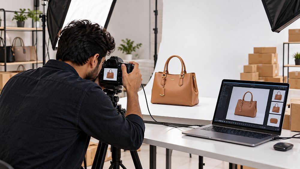 Behind the scenes of behind-the-scenes ecommerce product photography scene showing a photographer capturing a handbag