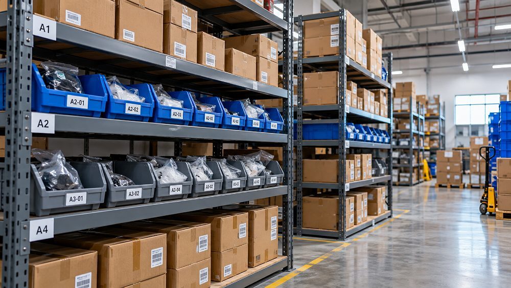 Behind the scenes of close warehouse inventory-control with labelled bins and organised shelving to explain Amazon FBA
