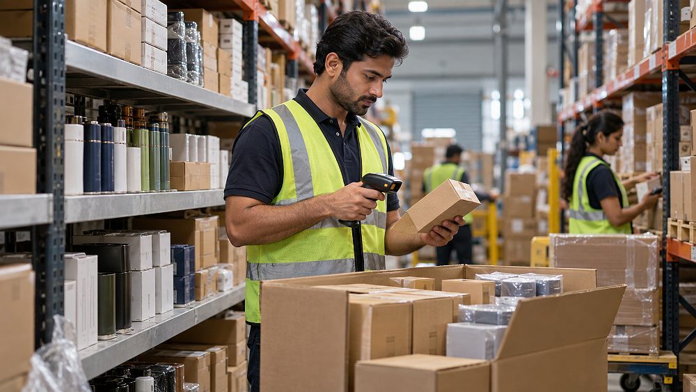 Behind the scenes of amazon FBA inventory management concept showing a professional worker reviewing stock between