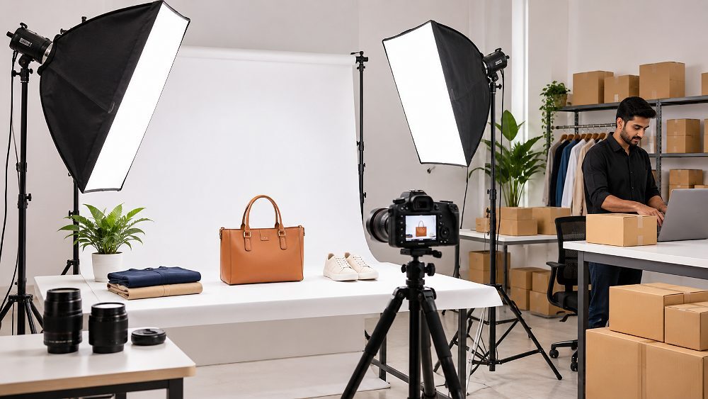 Behind the scenes of professional softbox lighting equipment on a clean white studio background illustrating the