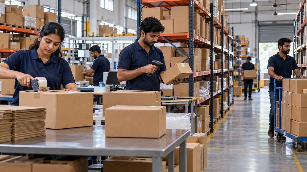 Behind the scenes of amazon FBA shipping and fulfilment workflow scene showing warehouse staff moving cartons through