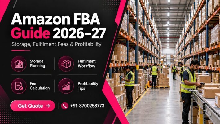 Wide editorial Amazon FBA fulfilment-centre inventory scene with tall warehouse aisles, stacked cartons,