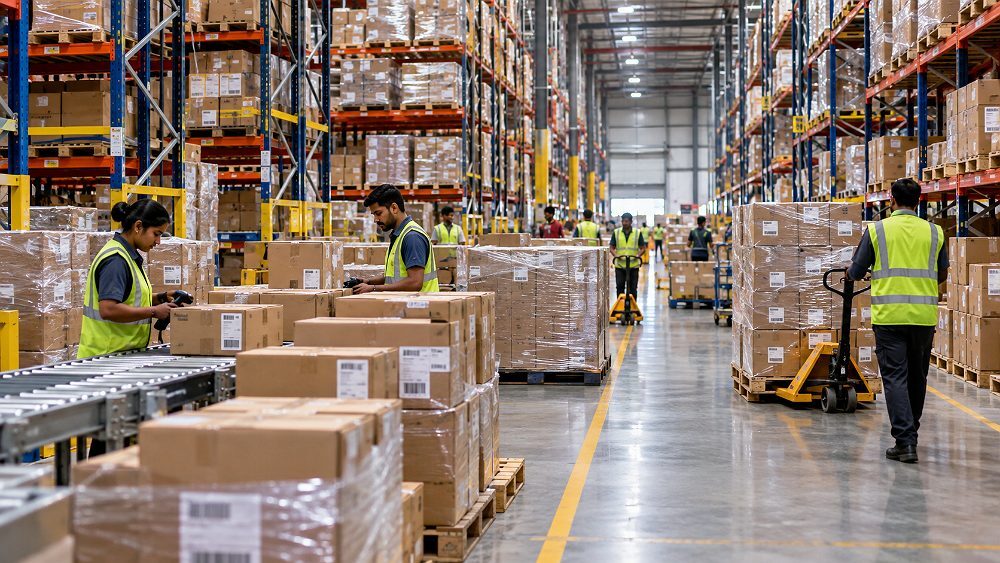 Behind the scenes of wide editorial Amazon FBA fulfilment-centre inventory scene with tall warehouse aisles, stacked