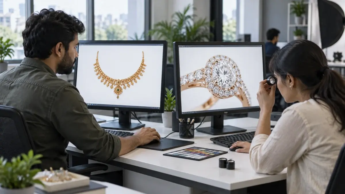 Behind-the-scenes office scene in a modern Indian ecommerce catalogue team workspace: two Indian retouchers at colour-calibrated monitors reviewing jewellery images of a gold necklace and a diamond ring on pure white backgrounds side by side, one zooming into gemstone detail for a quality check, a printed colour reference card and a loupe on the tidy desk, daylight from large windows, plants, neutral grey interior, focused calm working atmosphere, screens show only soft abstract product imagery