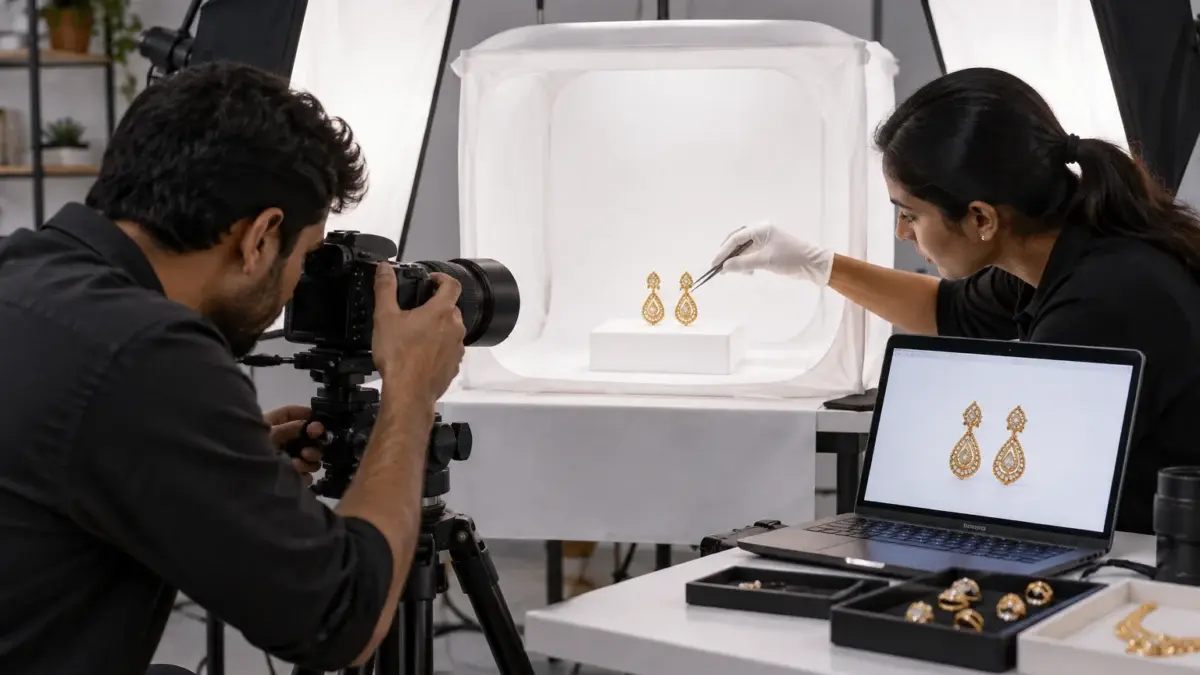 Behind-the-scenes jewellery shoot inside an Indian Standard Ecommerce Photography Studio: an Indian product photographer adjusts a mirrorless camera with a 100mm macro lens on a geared tripod head, aimed at a pair of gold drop earrings standing upright on a white acrylic riser inside a white light tent, two large diffused softboxes on both sides and a narrow strip light overhead controlling reflections on the metal, an assistant in gloves using tweezers to align the earrings symmetrically, a tethered laptop showing a clean centred pair on pure white, small trays of rings and necklaces waiting on a side table, neutral colour balance, crisp sparkle, soft realistic shadows