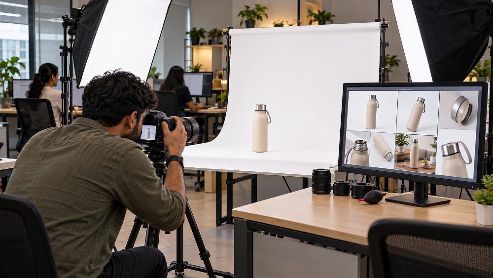 Amazon listing images production comparison inside an Indian standard ecommerce photography studio, showing a generic consumer product photographed on a seamless pure white background for a main image while alternate-angle, detail, lifestyle and infographic image concepts are arranged on a nearby review monitor with text intentionally unreadable; full-frame camera on tripod, large diffused softboxes, controlled reflections, accurate colour, sharp ecommerce product photography, no logos, no studio branding, no location text and no watermark.