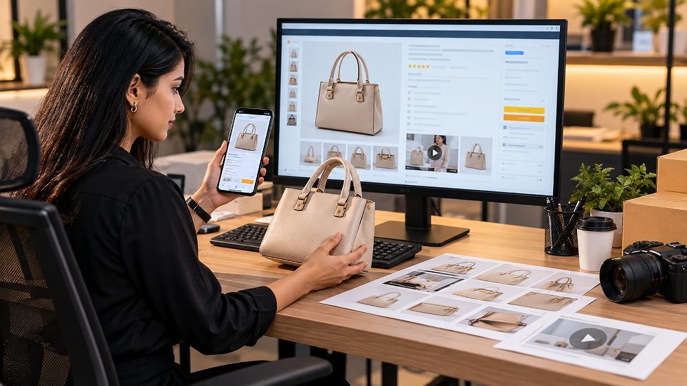 Amazon listing quality and live product detail page QA scene inside an Indian standard ecommerce photography studio, showing a marketplace executive checking a generic product listing on desktop and mobile screens with interface details intentionally unreadable while comparing the physical product, SKU sheet, main image, secondary image and video asset checklist; controlled office-studio lighting, premium realistic ecommerce operations aesthetic, no visible logos, no studio branding, no location text and no watermark.