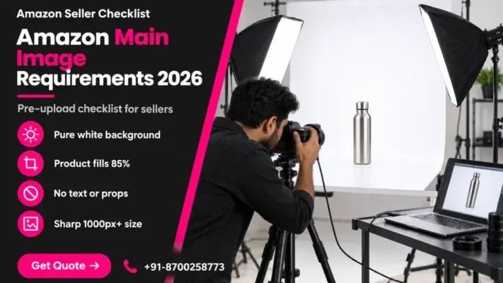 Split banner for amazon main image requirements 2026: dark left panel with headline, pre-upload checklist features, Get Quote button and phone, and on the right an Indian photographer shooting a steel water bottle on a white seamless backdrop with softboxes and a tethered laptop